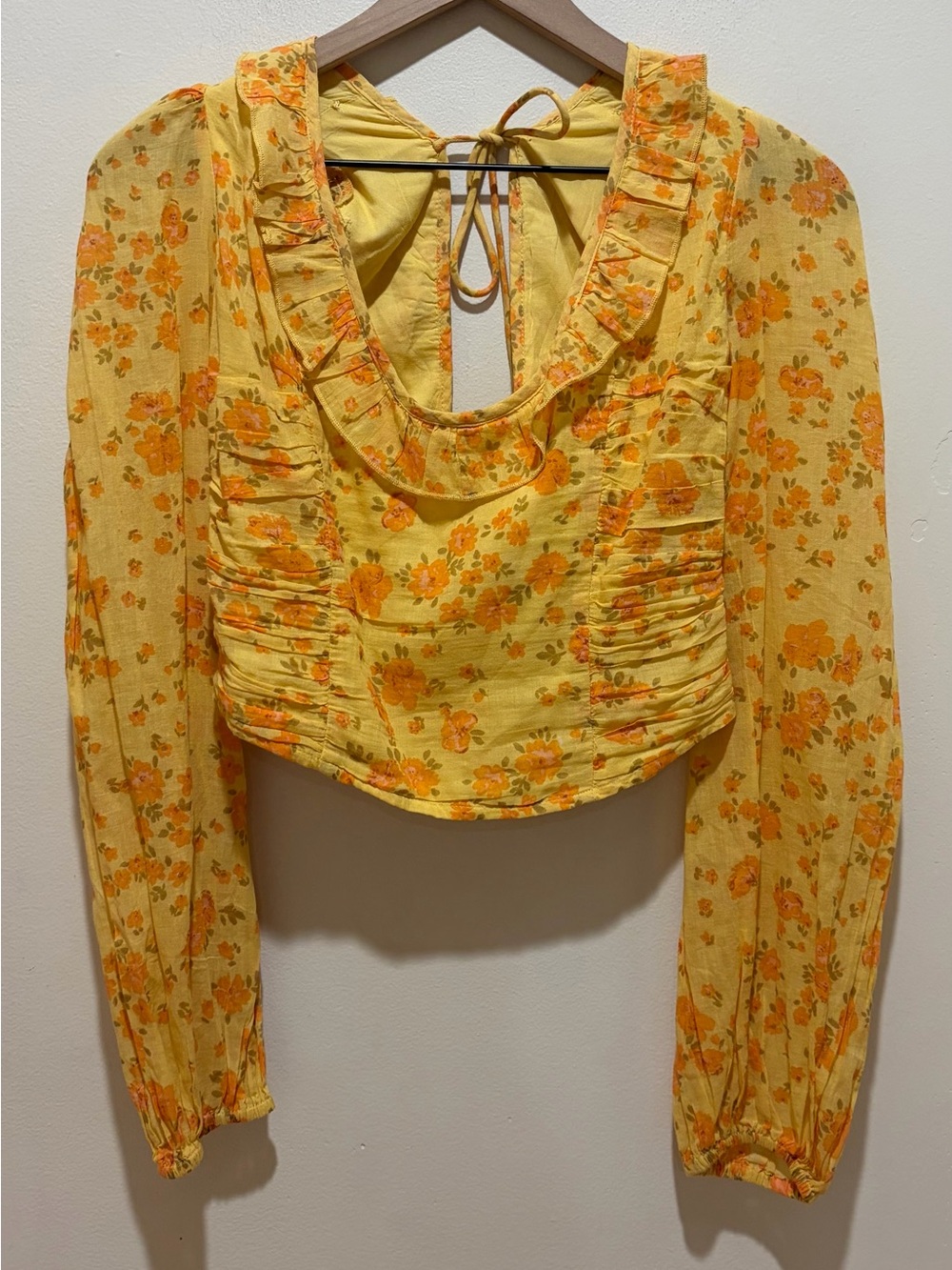 Free People Another Life Cropped Blouse Top in Yellow & Orange Honey Combo Small